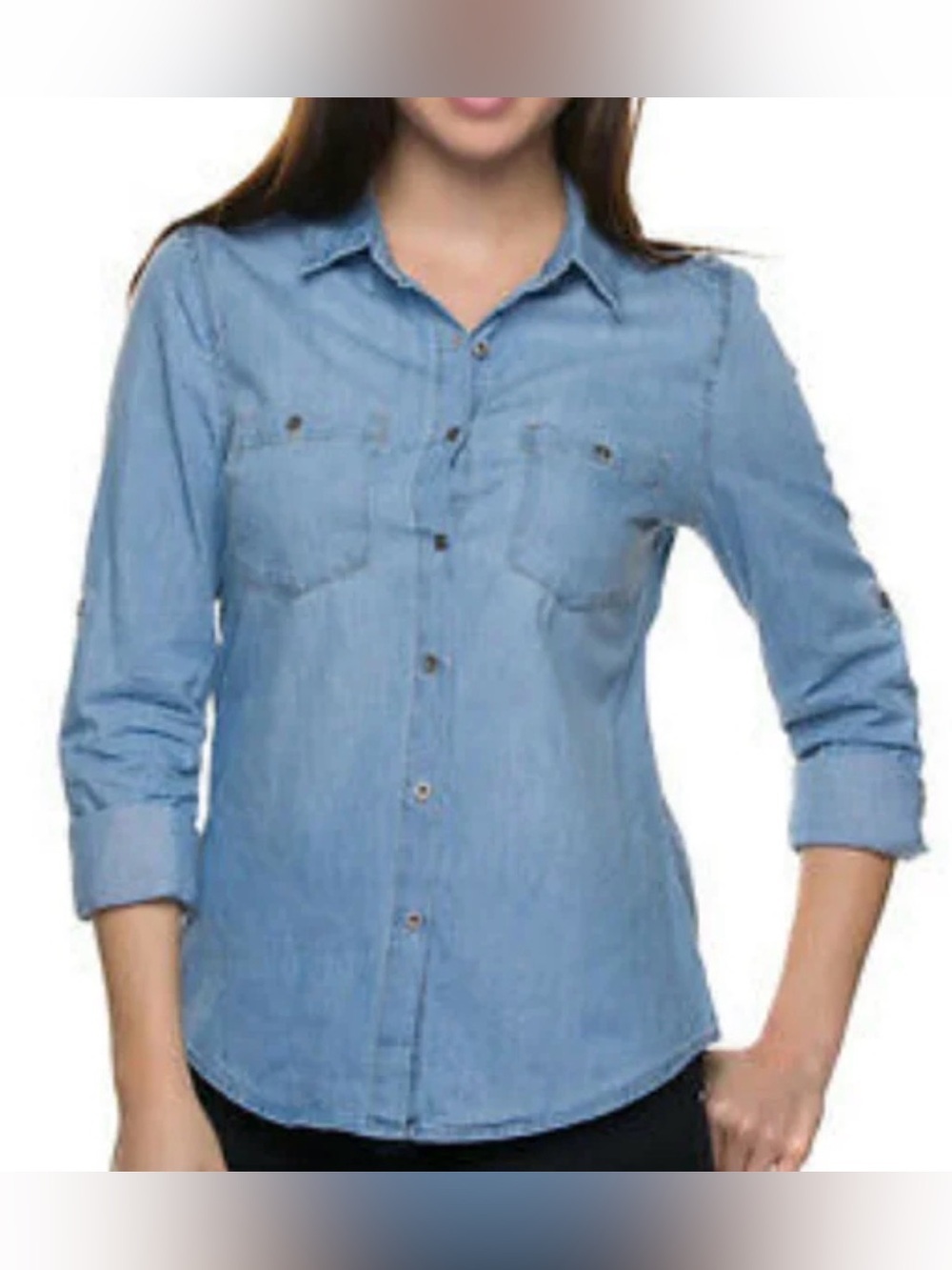 Wax Jean Basic Light Blue Denim Button-Down Shirt, Roll Tabs, Size S- FLAWED